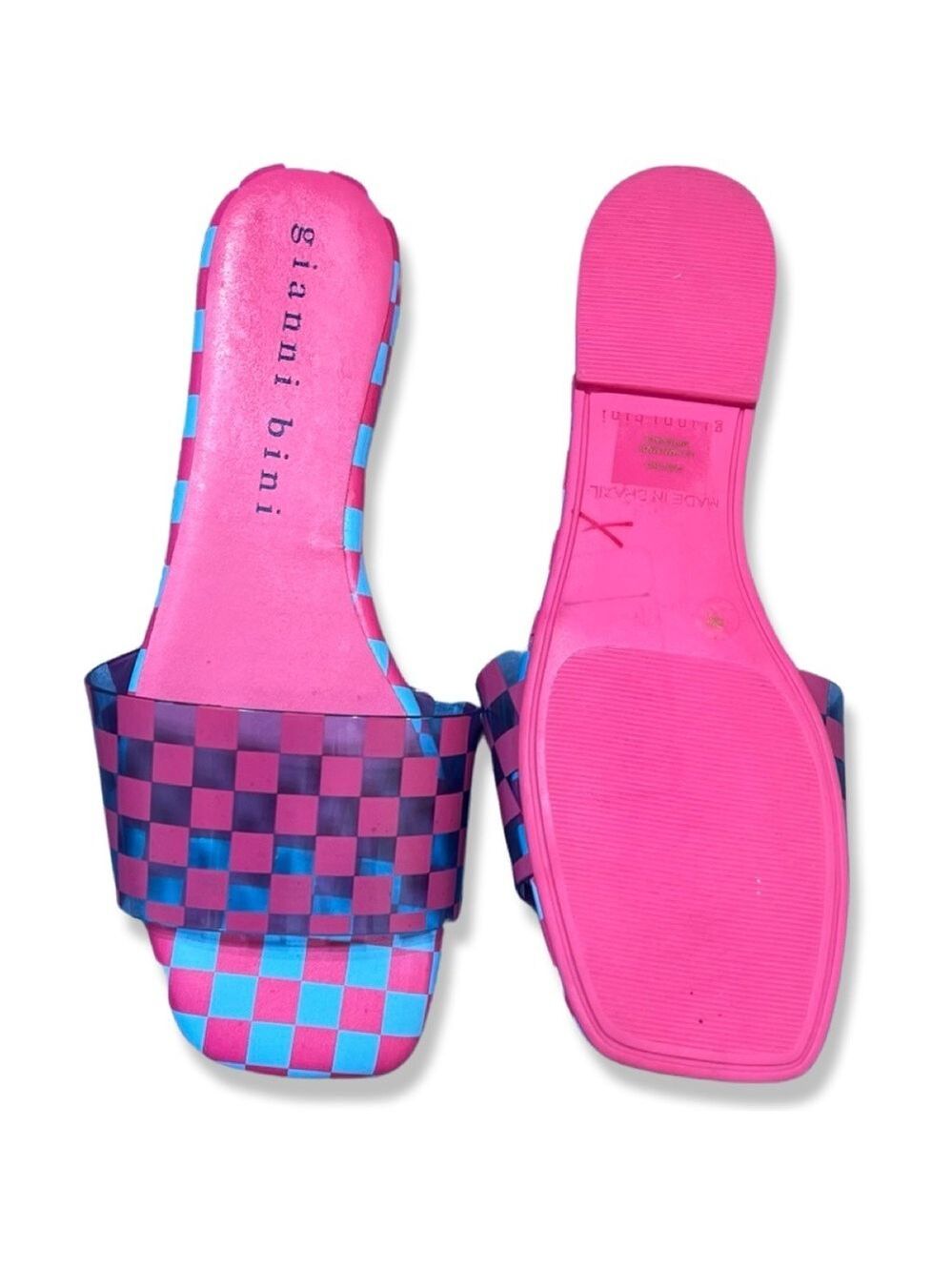 🎩🗝️NWOB $98 Gianni Bini
Cobitwo Checkered Banded Square Toe Sandals Pink/Blue - Picture 4 of 4